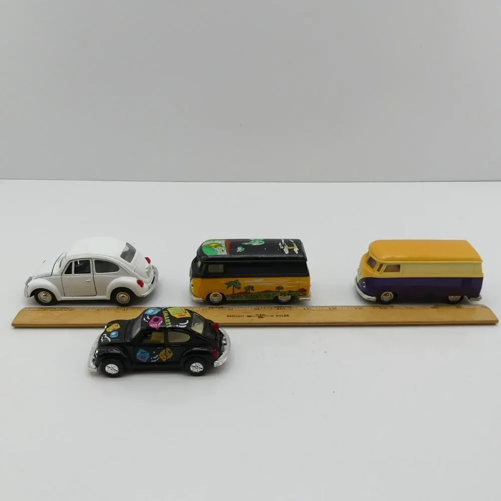 Lot of 4 Vintage VW Volkswagen Beetle Bus Toy Cars Diecast Plastic Collectibles
